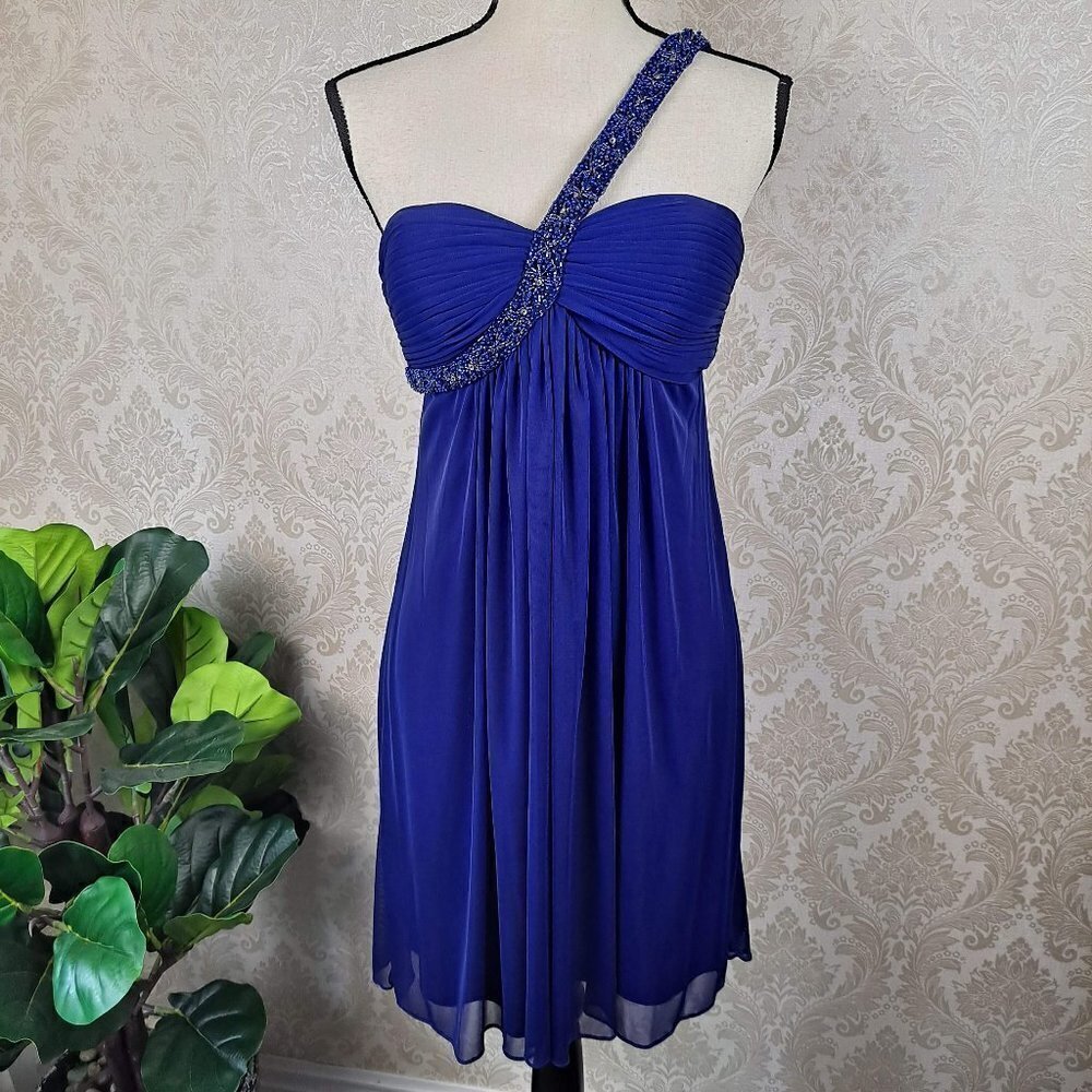 Cache Size 6 Blue One Shoulder Beaded Strap Cocktail Homecoming Party Dress EUC
